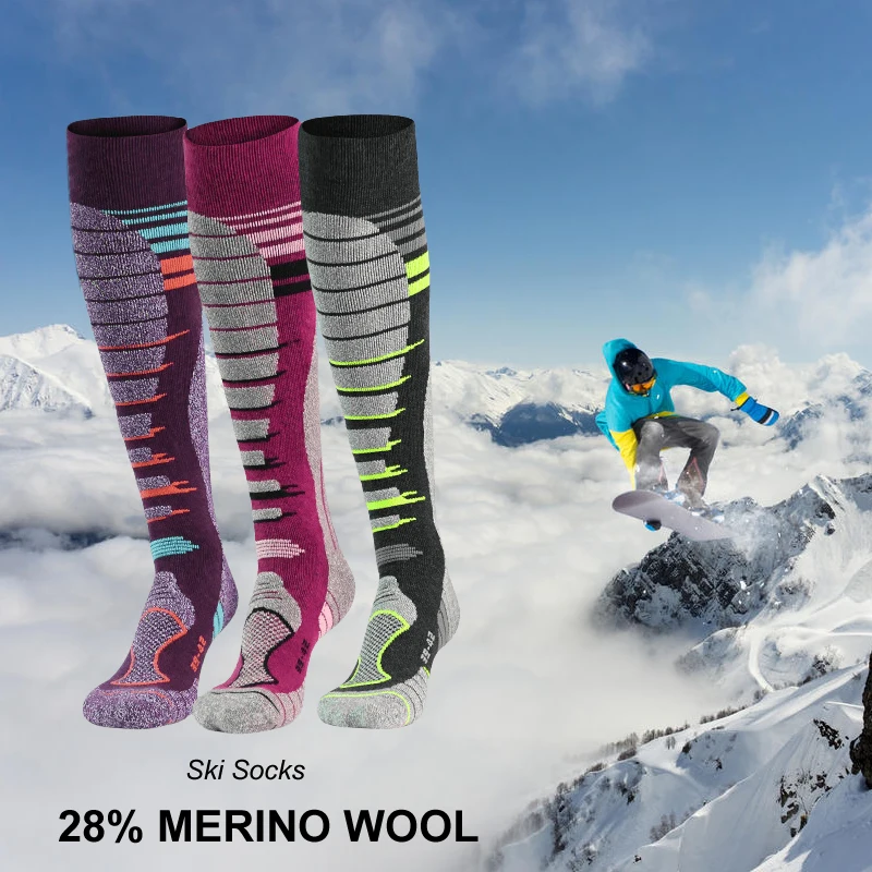 2 Pairs Ski Socks Men Women Winter Outdoor Sports Thickened Insulation Merino Wool Breathable Wear-resistant Snow Stocking