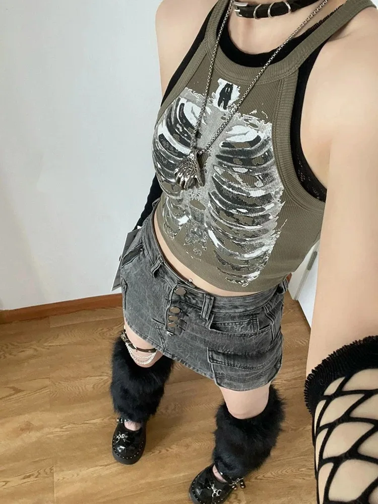 Punk donna estetica scheletro stampa Grunge canotta gotica Top Y2k vestiti Vintage corsetto canotta Baby Tees Emo girl Crop Top