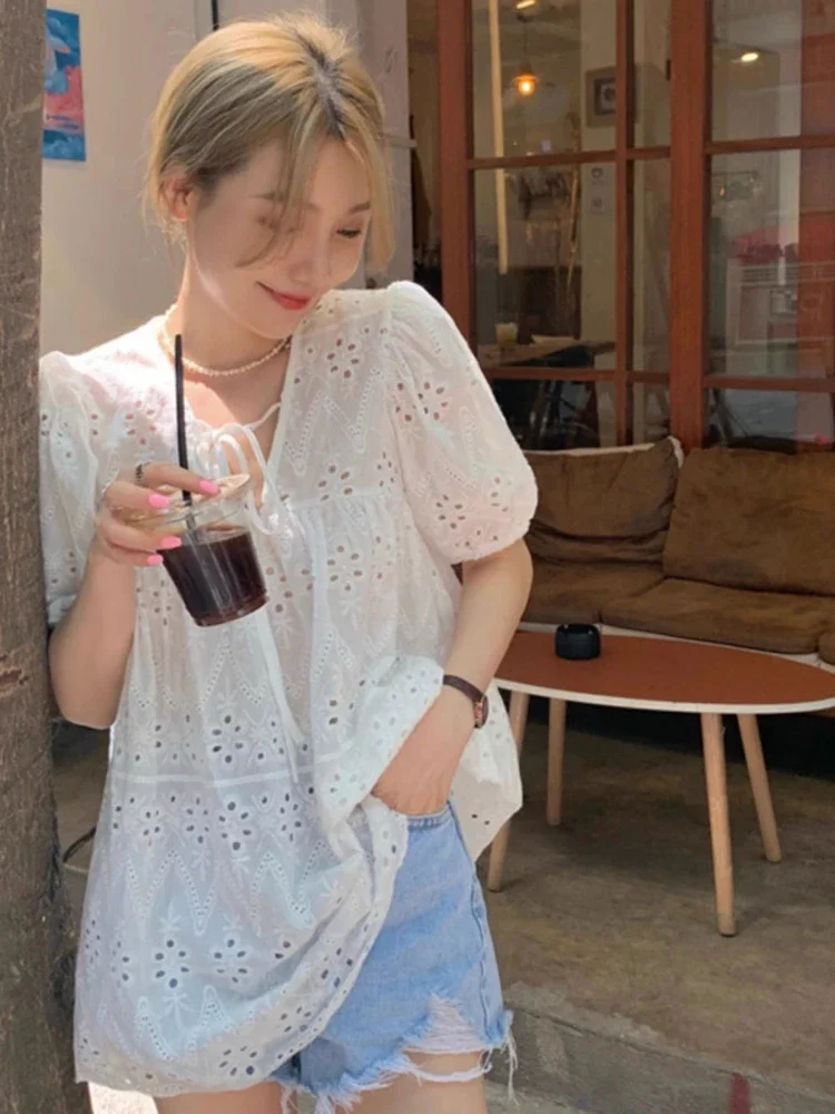 

Chic V Neck Bandage Women Blouses Embroidery Floral Puff Sleeve Shirts 2025 Camisas De Mujer Korean Vintage White Oversized Tops