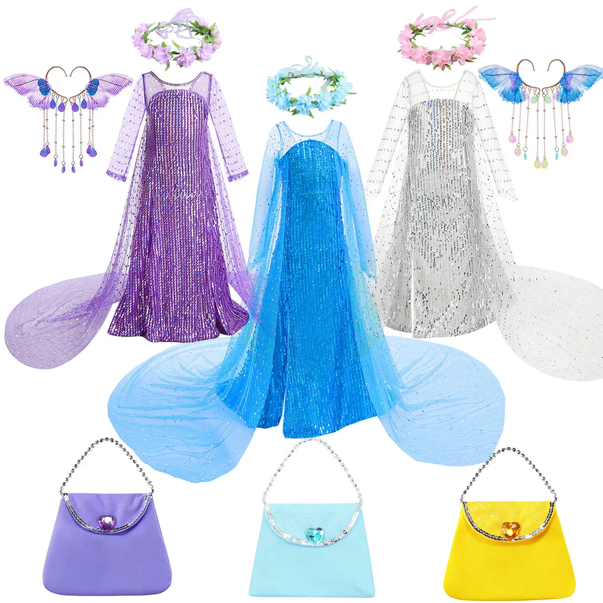 Disney Elsa Mehrfarbiges Fischernetz-Gitter-Prinzessinnenkleid Strandparty Atmungsaktives Cooles Kleid Mädchen Cosplay Aisha Prinzessinnenkleid-Set