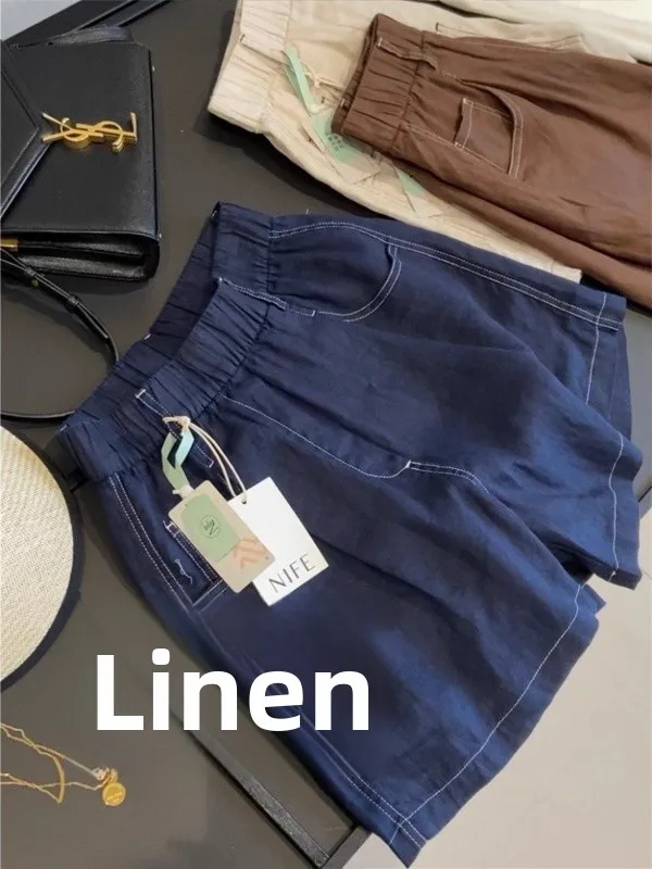 

High Waist Loose Fit Casual orts Women's High Waist Linen Design Sensation Elastic Waisand Vintage Wide Leg orts