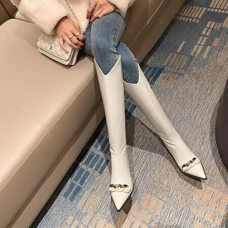 Winter Black White Color Gold Chain Pointed Toe Knee High Boots Women Fashion 7 CM Square Heel Zipper Back Long Boots Shoes Lady