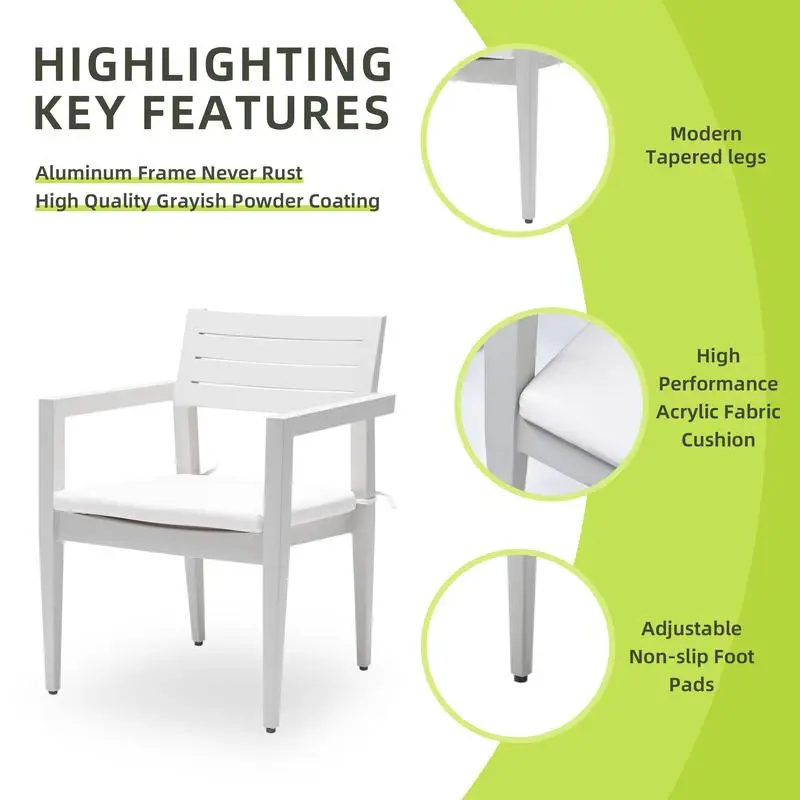 Modern Aluminum Patio Dining Chairs Set of 4, Stackable with Outdoor-Grade Sunbrella Cushions, Rust-Free, Tapered Feet, Gray