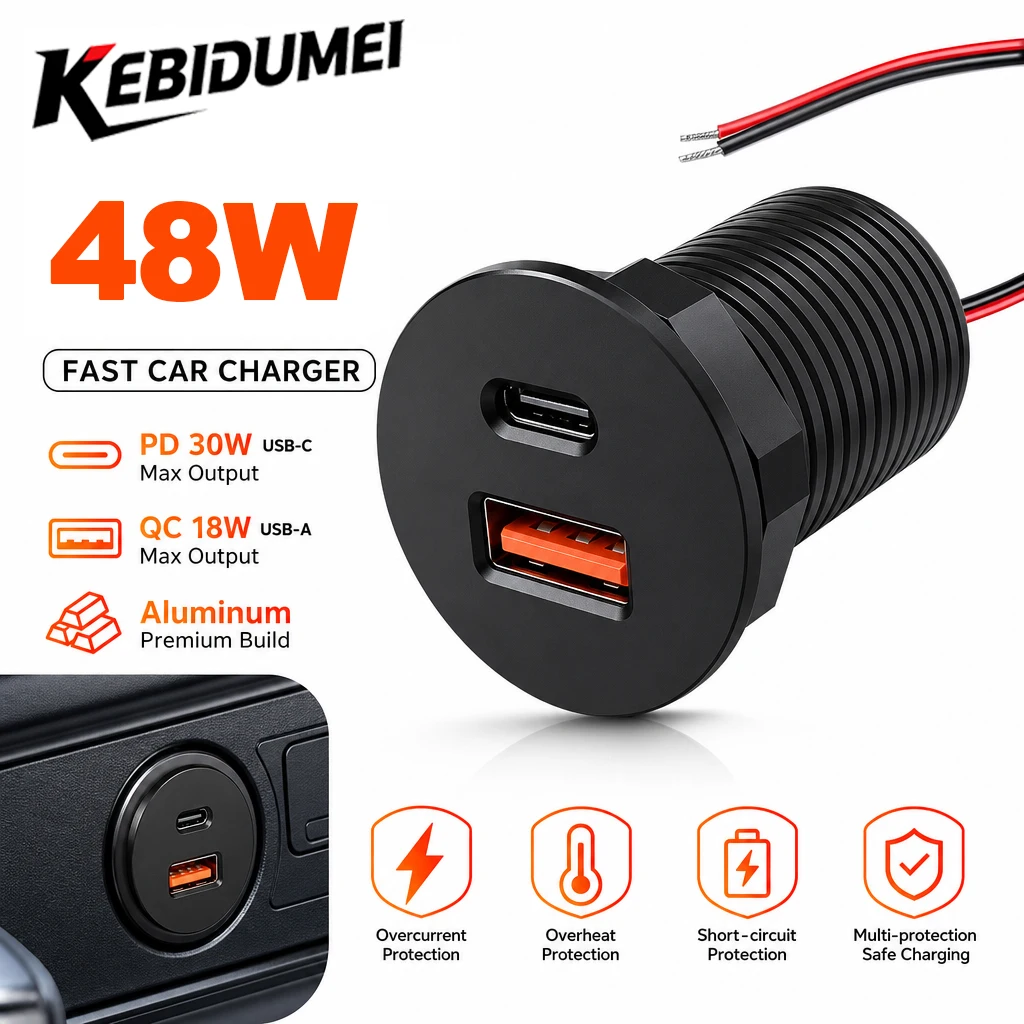12V/24V Car Charger 30W PD Type-C & 18W QC3.0 Fast Charging Aluminum Power Adapter for Car RV Camper Trailer Truck Boat