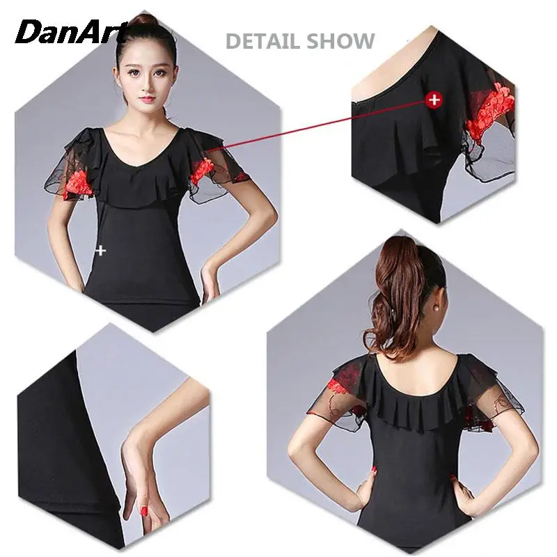 Costume da prestazione da donna Top a maniche corte da ballo moderno Top da allenamento con maniche a corno da ballo quadrato Top da ballo Plus Size