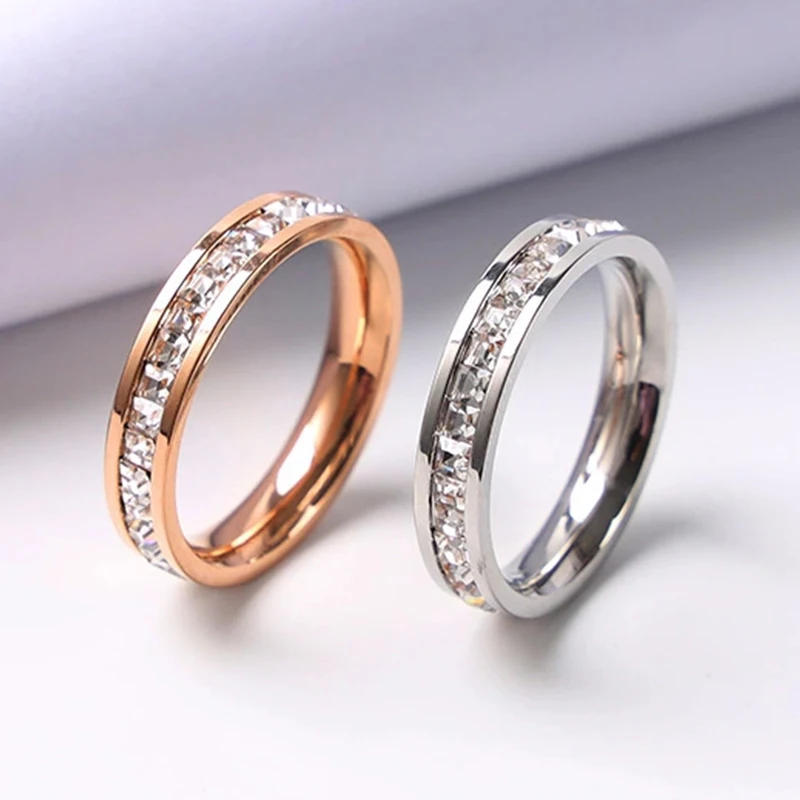 Luxury Rose Gold Color Single Double Row Square Zircon Stainless Steel Ring For Women Romantic Engageme Wedding Party Jewelry