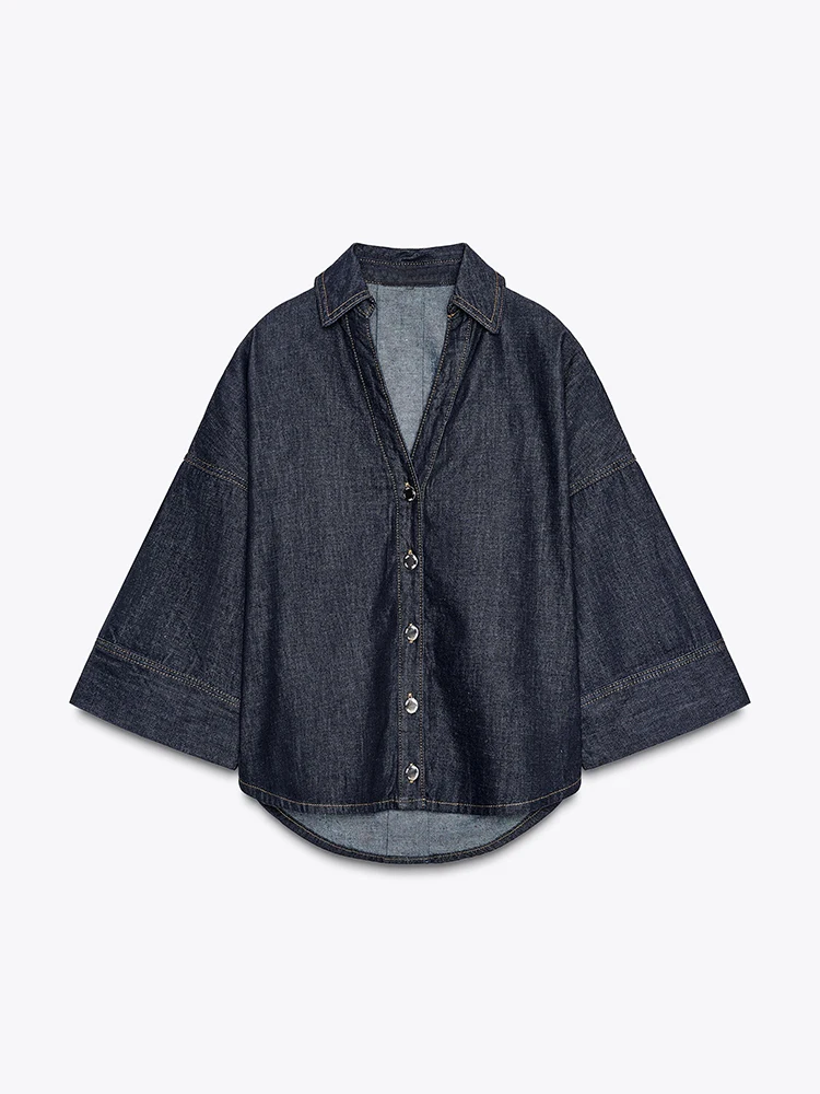 Faionable Wide Sve Umlegekragen Denim irt Damen Herbst Neuankömmling Süßes Temperament Pendeln Sle Loose Fit irt