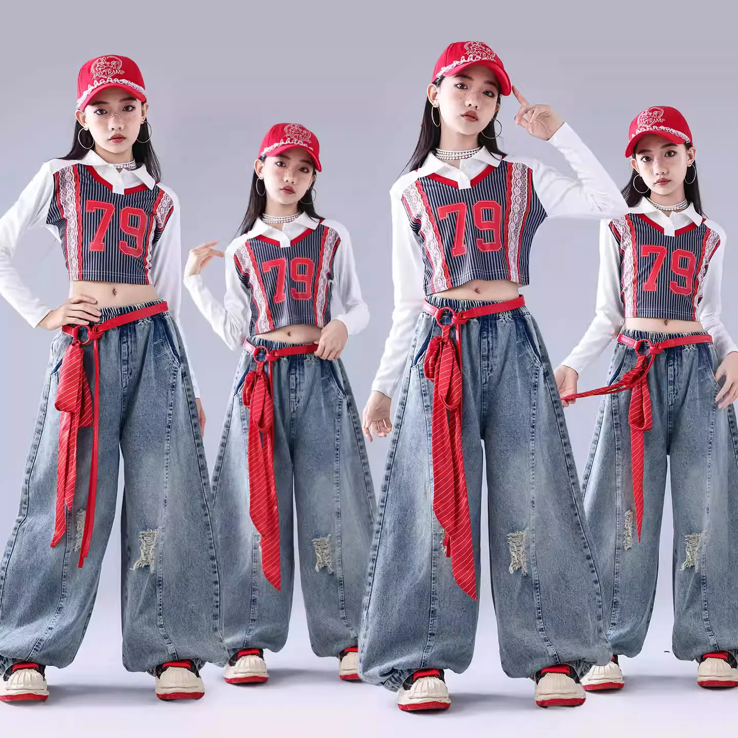 

Детская одежда в стиле K-pop и хип-хоп: полосатая кружевная укороченная футболка и рваные джинсы с изогнутым кроем для девочек, костюм для уличных танцев