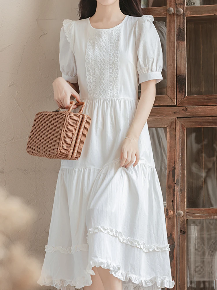 

Summer Sweetheart French Elegant Mid-Calf Loose Hollow Out Dress O-Neck Sweet Puff Sleeve Lace Loose X-Shaped Lady Dresses