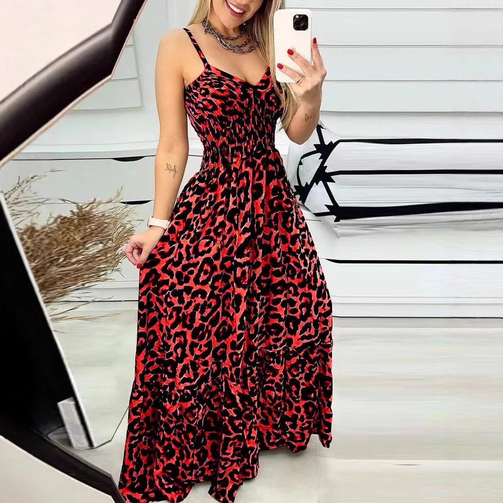 

Sexy Printed Backless Long Sleeve Dress Women In Summer Fashion V-neck Ruffle High Waist Dress For Women 2025