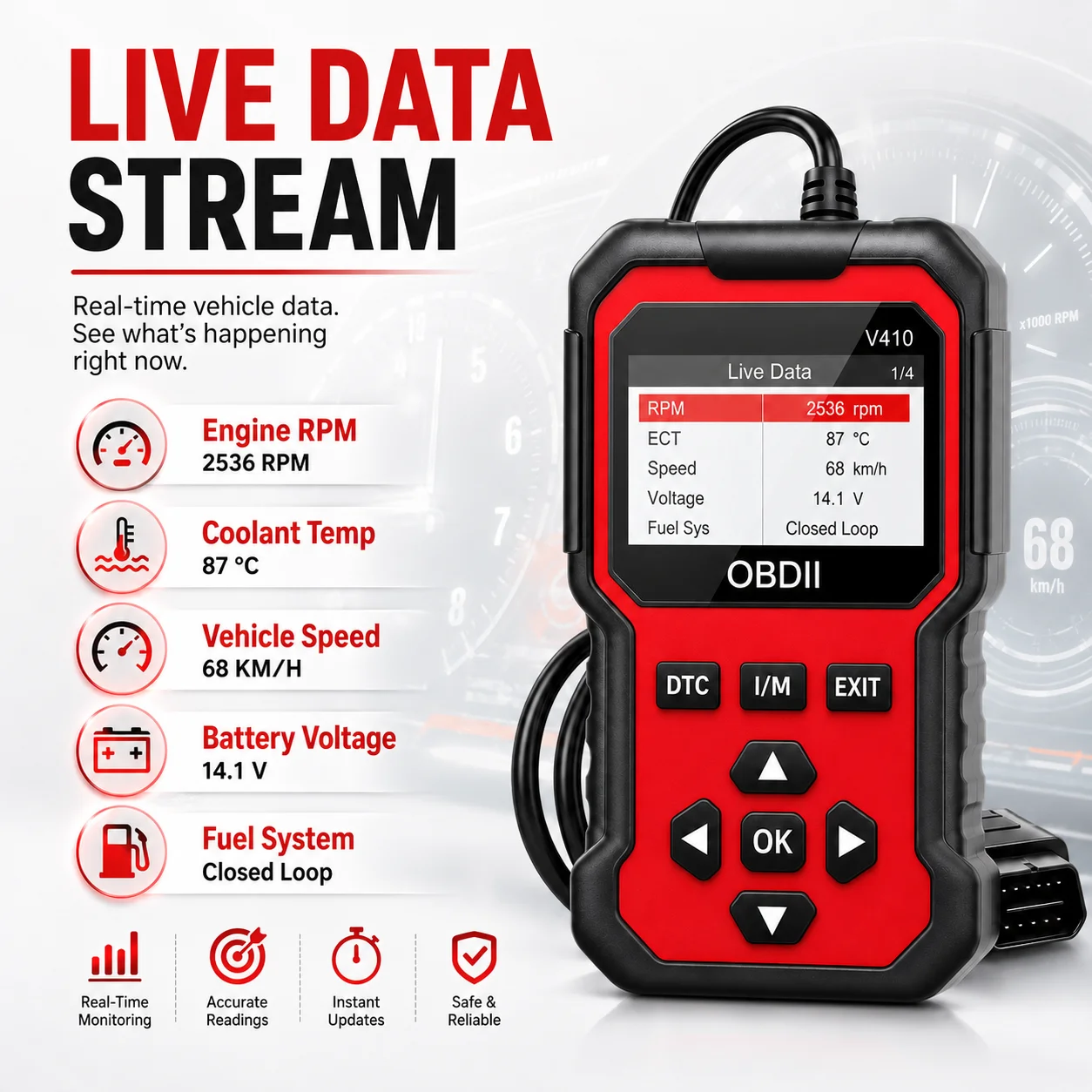 V410 OBDII Engine Diagnostic Scanner, Read & Clear Trouble Codes, Real-Time Data Stream, Battery Voltage Test, Universal Car Sca