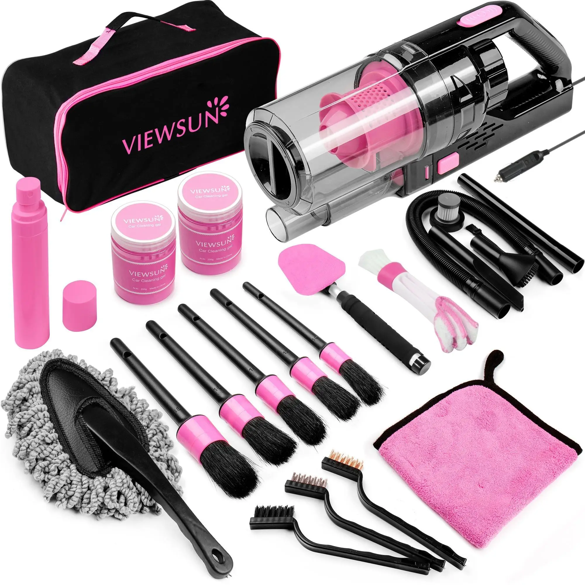 

17Pcs Pink Car Cleaning Kit Auto Interior Detailing Brush Set with High Power Handheld Vacuum Cleaner Windshield Tool Dusting Gel Complete Wash Accessories Gift for Women