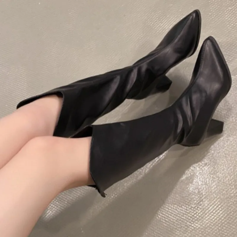 2026 neue Damenstiefel, Reißverschluss, hoher Absatz über dem Knie, hohe Stiefel, modisch, spitz, luxuriös, Party, Leder, High Heels, große Größe 43