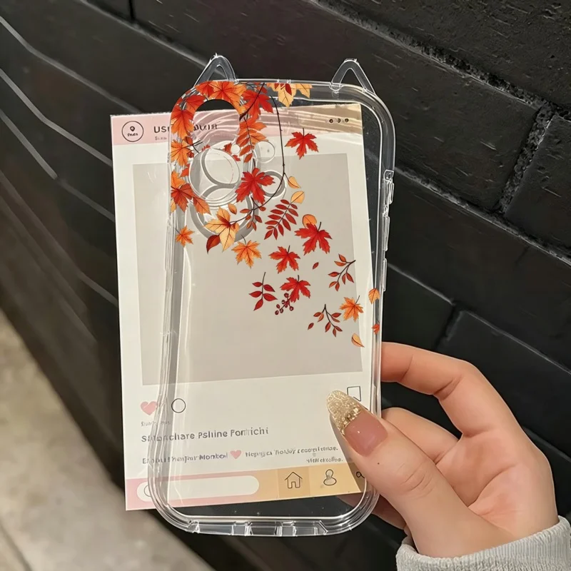 Autumn Leaves Collection Transparent Soft Phone Case For iPhone 17 16 15 14 13 12 11 Pro Max Air 14 Plus Cat Ears Pattern Cover