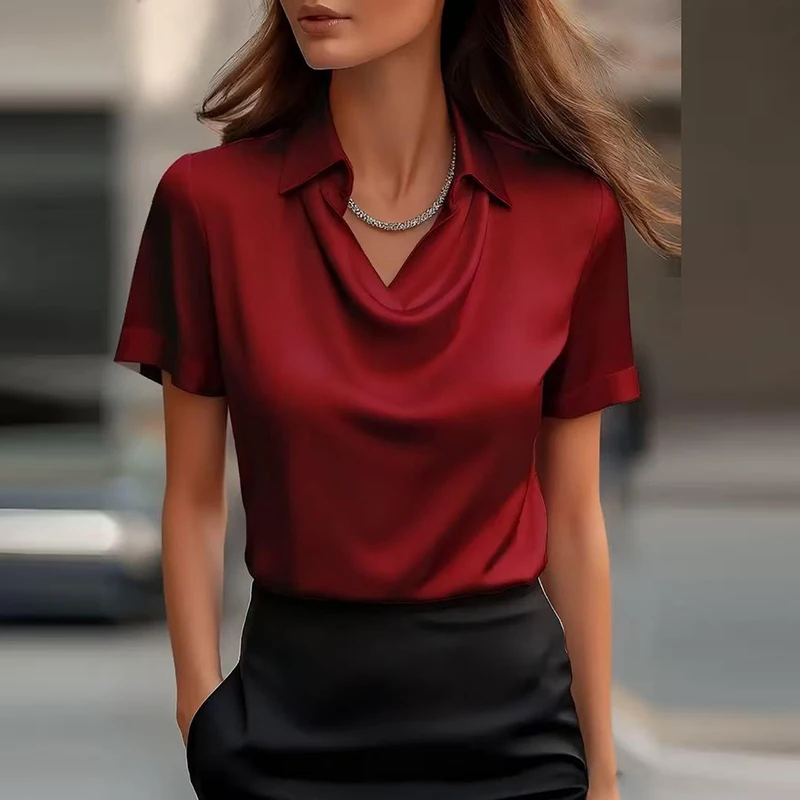 Todos os jogos camisa de cetim feminina e blusas moda feminina camisa de manga curta feminina elegante camisa de seda senhora do escritório topos