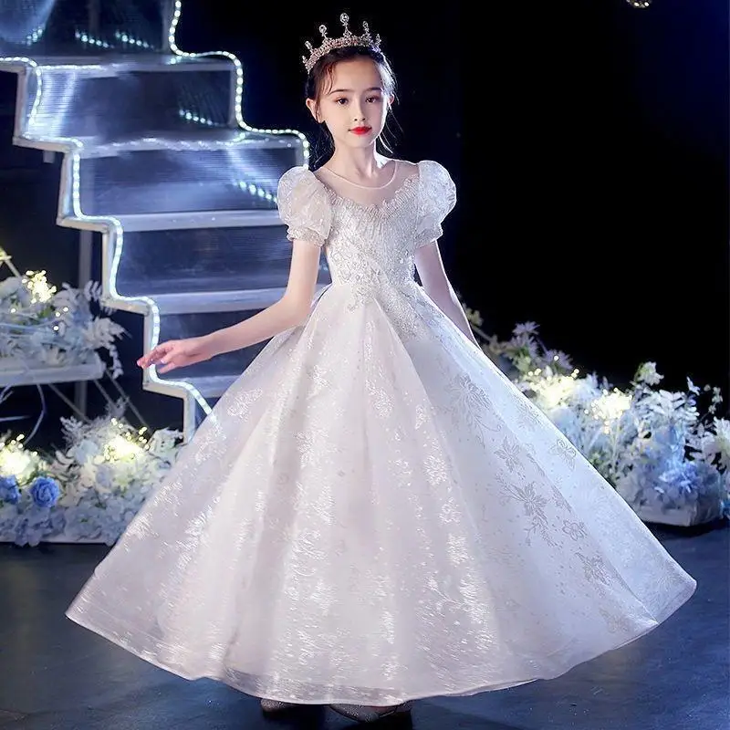 

Children Clothes Girl Wedding Dress 2023 New Puff Sleeve Princess Banquet Dresses Birthday Evening Sequins Ball Gown for Kids