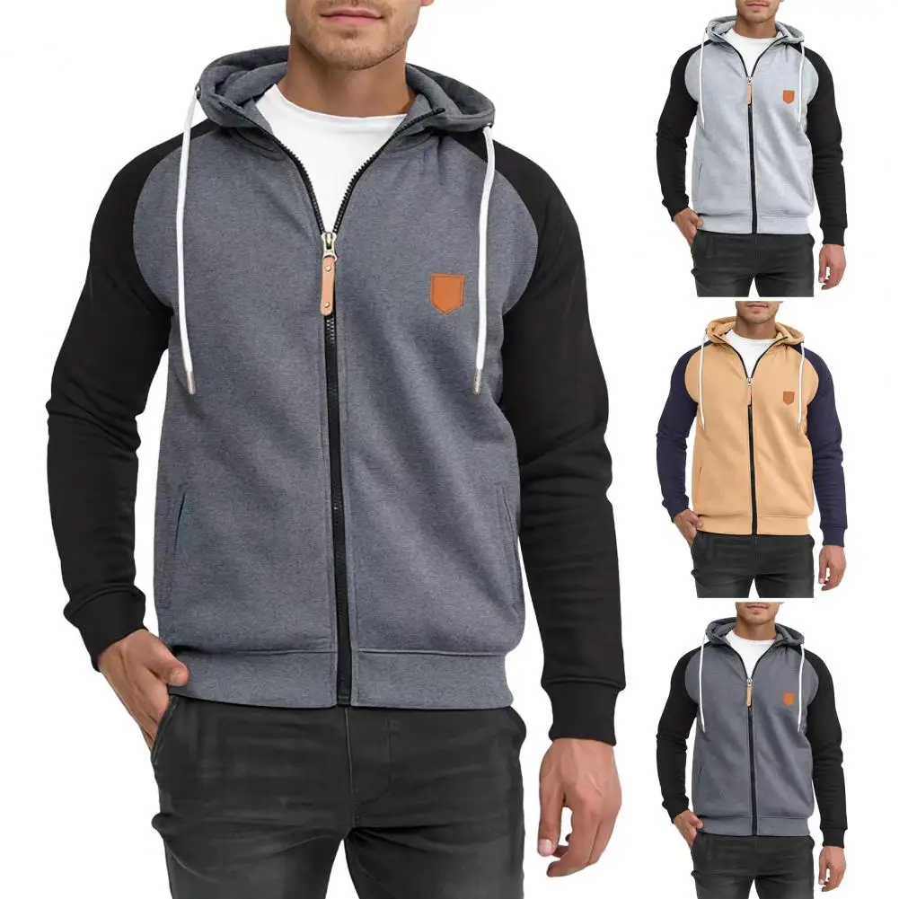 Men Long Sleeve Hoodie Men Contrast Color Hoodie Men's Colorblock Drawstring Hoodie with Zip-up Closure Pockets for Fall Winter