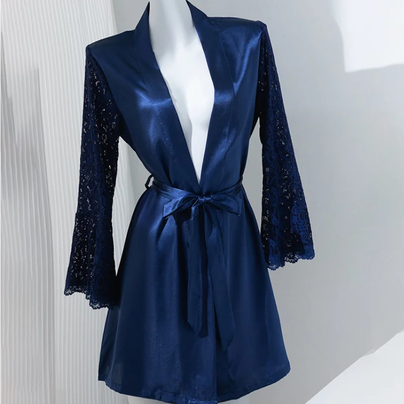

Women's Robe Sleepwear Sexy Patchwork Lace Sleeve Kimono Bathrobe Gown Spring Summer New Night Wear Loose Silk Satin Homewear