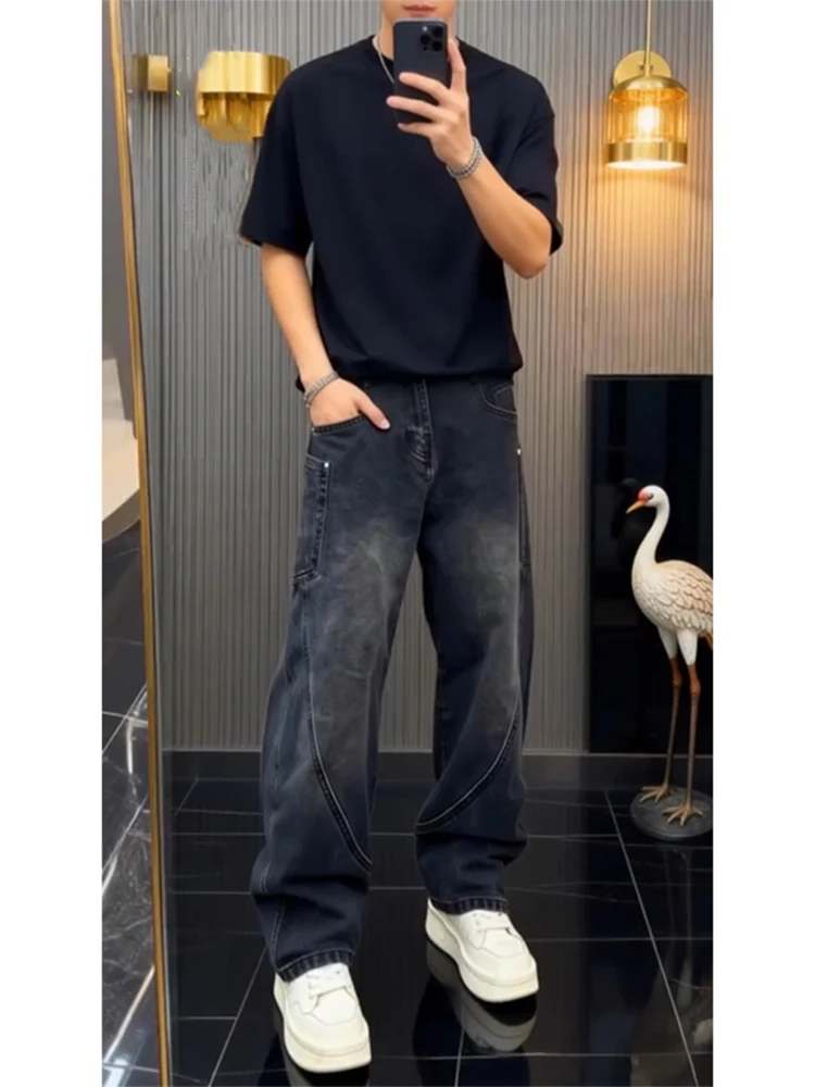 

Black Washed Knife Jeans Men's American Vibe Tapered Straight Workwear Pants High Waist Lift Slimming Flared Legs