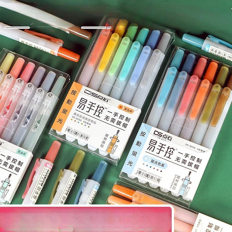 6PCS Press the Highlighter to Switch Cores Retro Color Marker Pen Light Color Student Marker Soft Color Series