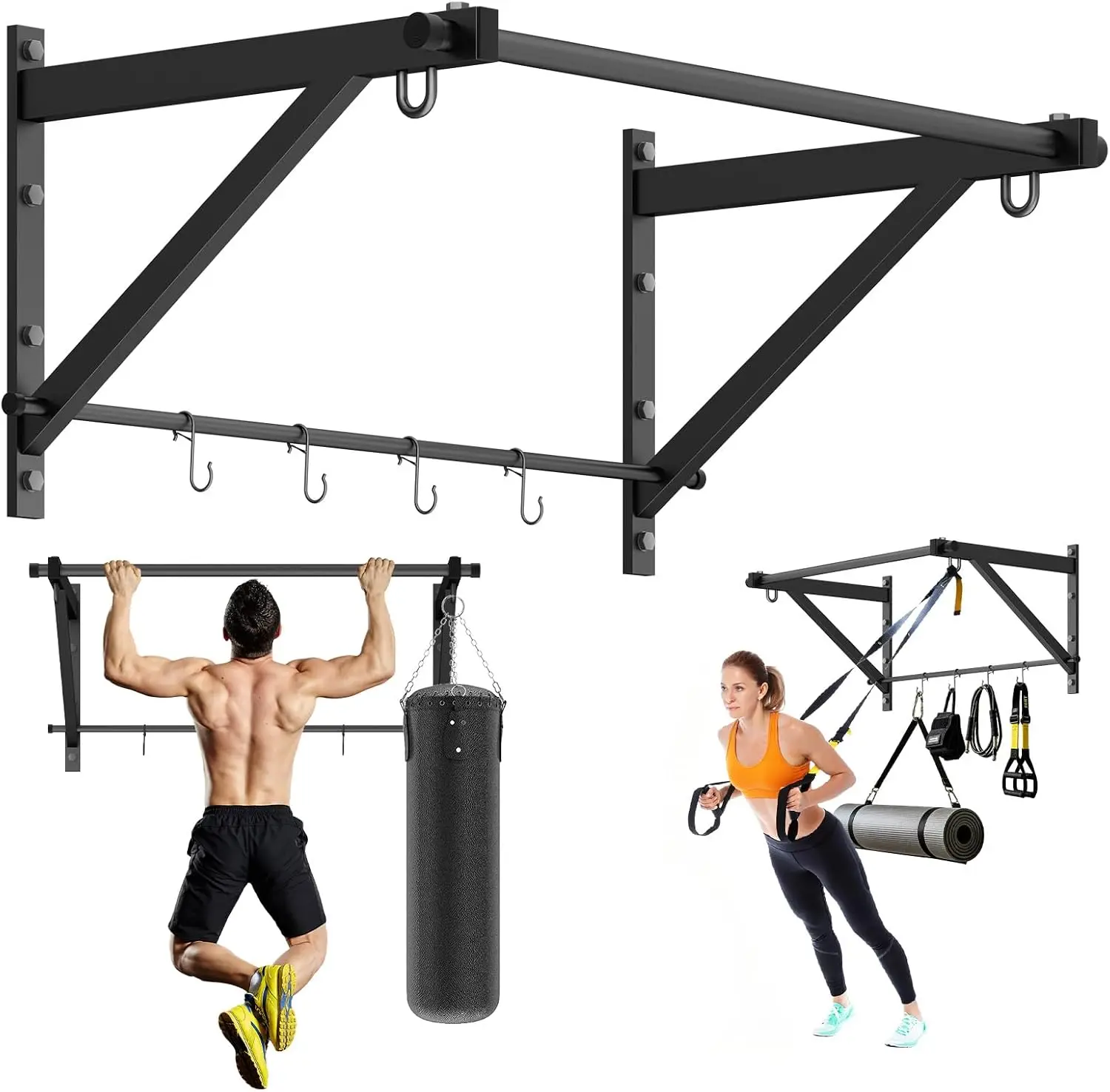 Adjustable Depth Pull Up Bar for Wall & Doorway, 500LBS Heavy Duty Steel, Home Gym Upper Body Strength Training