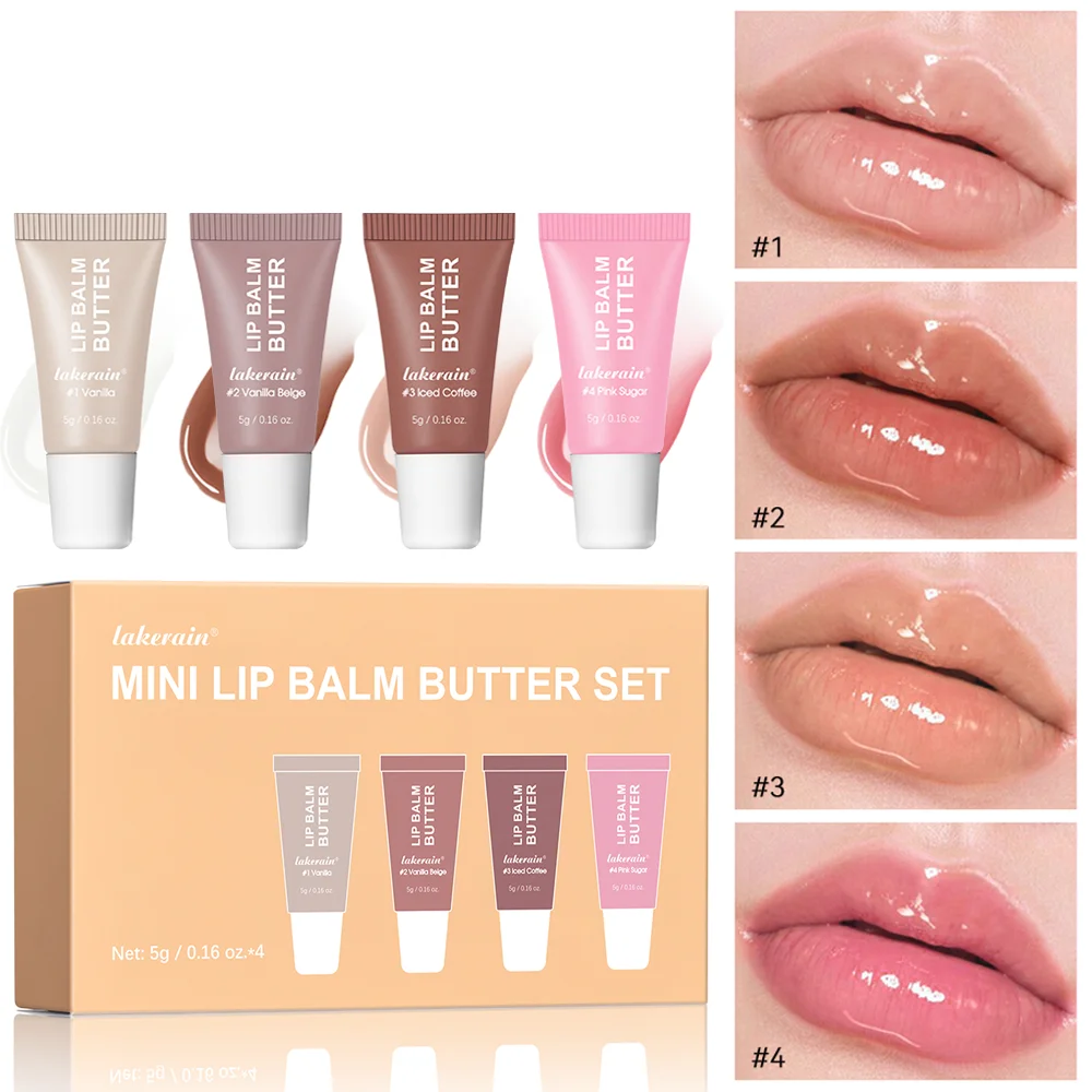 Zestaw nawilżających błyszczyków do ust 4 szt. Smak wanili, różowego cukru, kawy i ciasta, szminka, transparentny olejek do makijażu, zestaw upominkowy