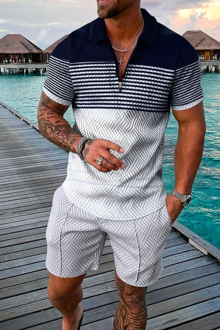 Herren Sommer lässig Polos hirt Set männliche Mode Trainings anzug einfarbig Anzug Trun Down Kragen Reiß verschluss Kleidung Vintage Outfit – Detail 4