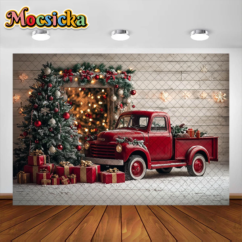 Fondo de fotografía de camión rojo de Navidad, regalos de árbol de Navidad, tablero de madera, decoración de pared, retrato familiar, accesorios de estudio fotográfico