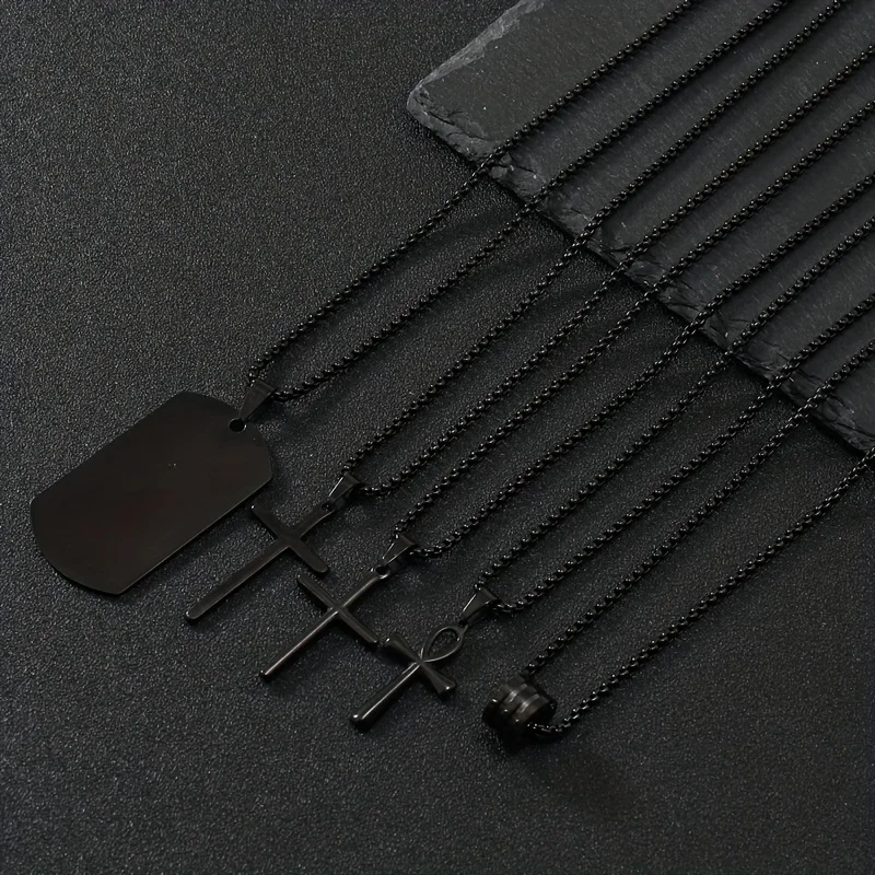 5pcs Fashionable Stainless Steel Necklaces Classic Minimalist Black Cross Necklace 60cm Men's Dating Casual Necklace Accessories