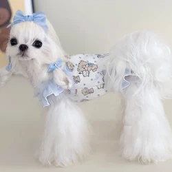 2025 Spring Pet Dog Clothes Cute Small Bear Print Pink Blue Sling Dresses For Small Medium Dog Simple Thin Cotton Puppy Outfits