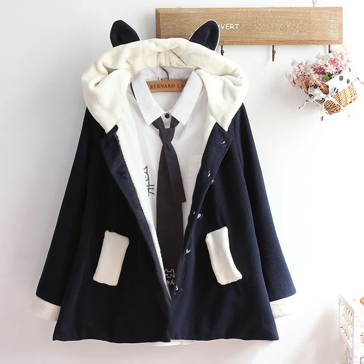 

Men's Thiened Winter Coat Velvet Hat Coat Cute Ear Design Student Cloak Warm Plaid Outerwear Long Sve Color Coat