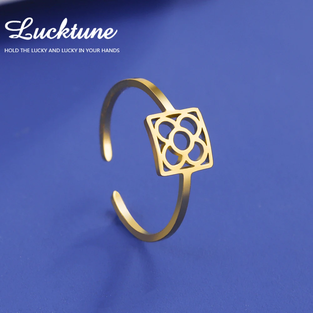 Lucktune Square Geometric Flower Rings Mulheres Aço Inoxidável Barcelona Flower Symbol Anel Ajustável Trendy Jewerly Wedding Gift