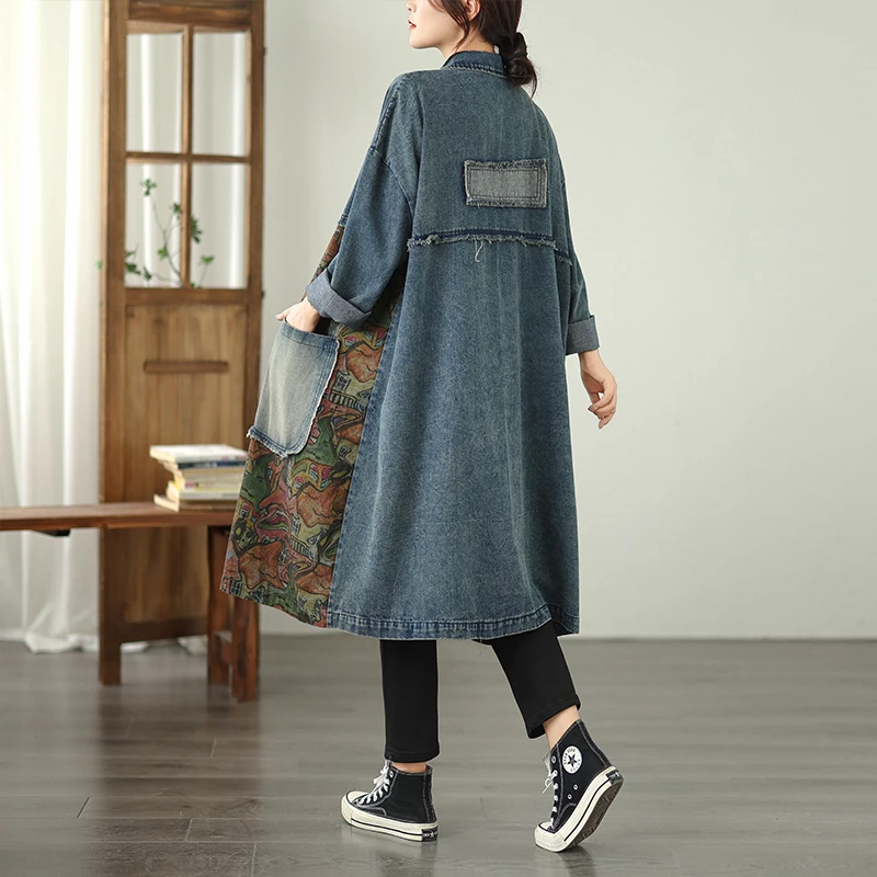 

Autumnal Slimming Print Patchwork Single Button Longline Denim Sle Coat with Large kets Commute Friendly Regular Thin