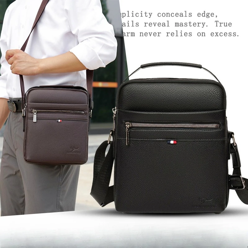 PU leather outdoor travel single-shoulder bag for men, large-capacity square multi-pocket commuting crossbody bag