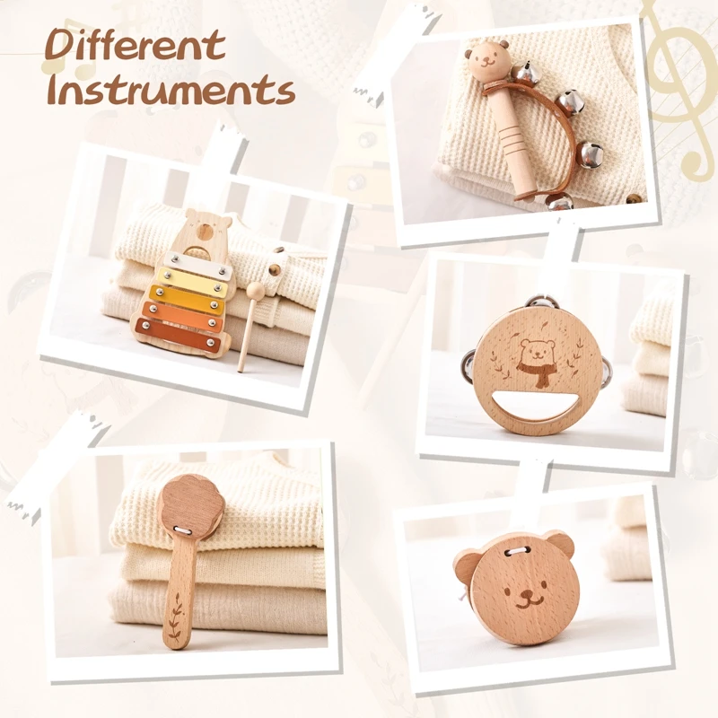 5pc conjunto montessori brinquedos de música do bebê instrumento musical brinquedos educativos de madeira do bebê 0 3 anos brinquedos urso xilofone brinquedos presentes