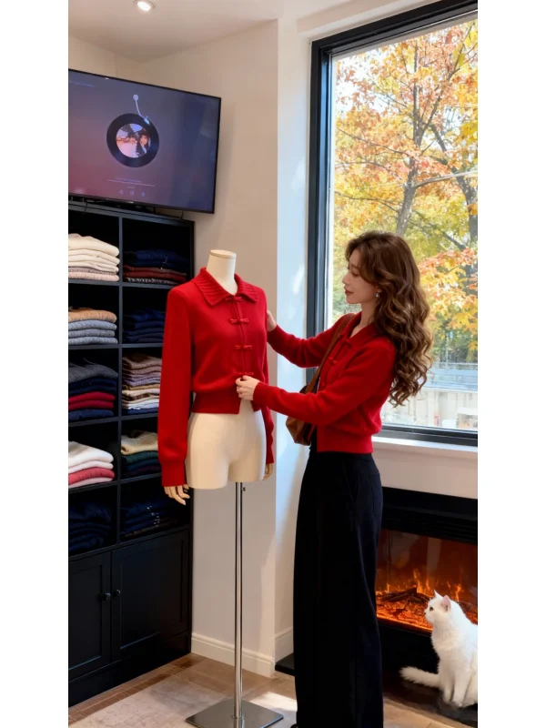 

Red Chinese Sle Knitted Sweater with Button Collar Unique Faionable Women's Winter Clothing for New Year Celebration