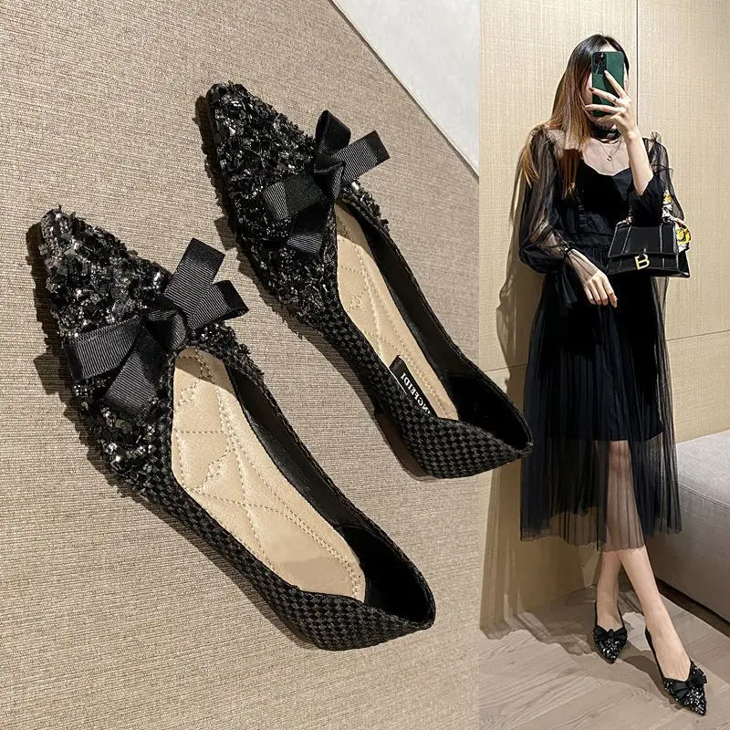 Glitter Bow Flats Women Autumn Large Size 42/43 Shoes Female Sequins Beaded Ballerina Loafers Women Lace-Bowknot Moccasins