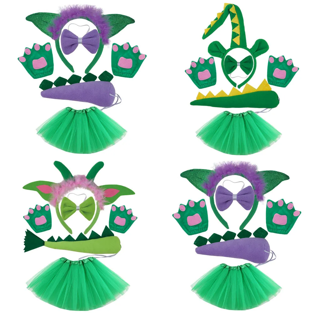 Ragazze donne bambini animale Costume dinosauro verde Tutu gonna orecchio fascia papillon coda puntelli Cosplay Halloween