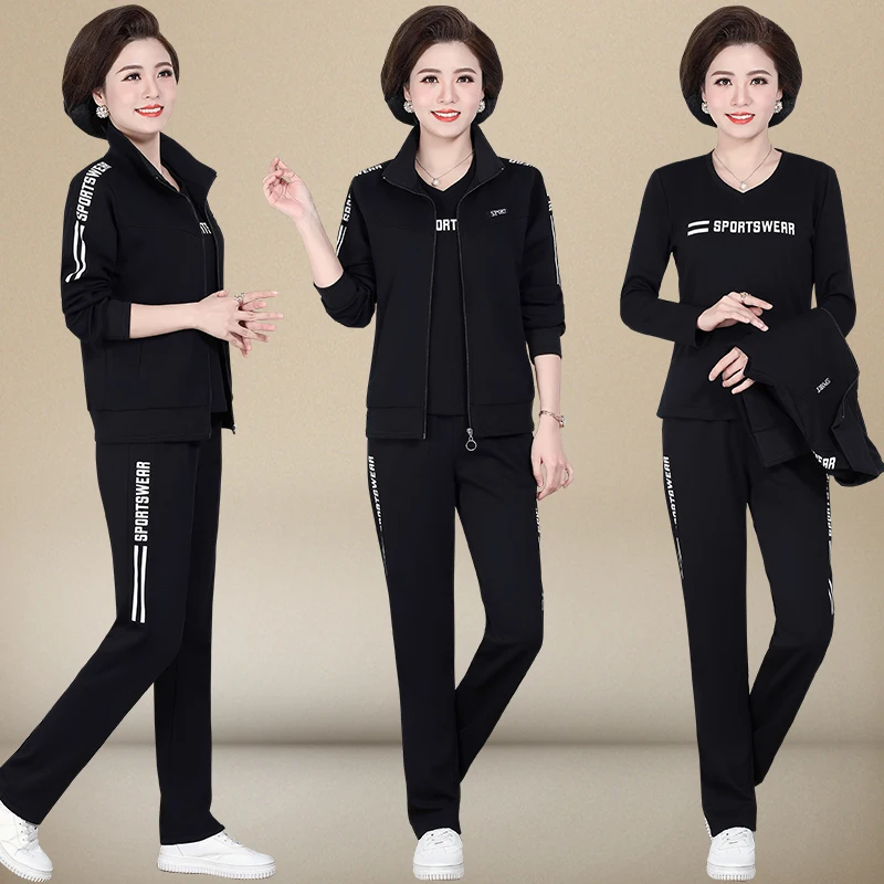 

Модный комплект спортивной одежды из трех предметов для женщин среднего возраста, из смесового хлопка, удобный, для весны и осени, для женщин 40-50 лет
