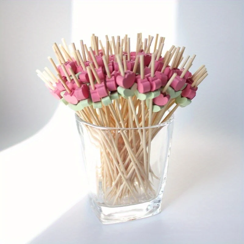 100pcs Tulip Bamboo Fruit Picks, Pink Flower Decorative Cocktail Sticks for Cupcake Dessert Party Decor