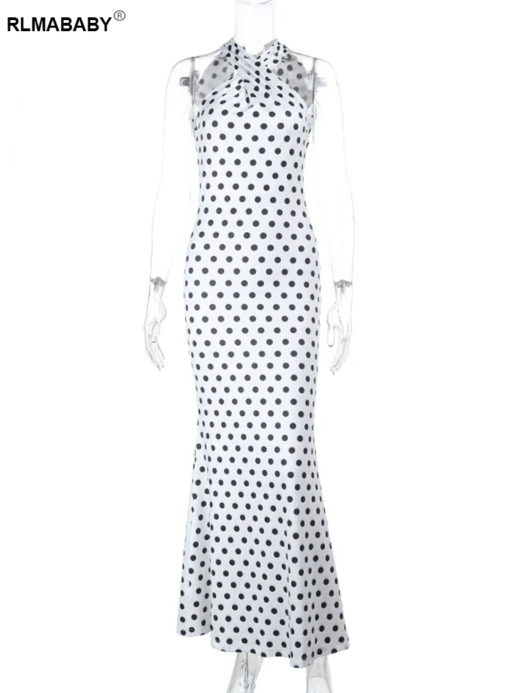 RLMABABY Elegante Polka Dot Backless Vrouwen Bodycon Maxi Jurk Sexy Halter Uitgesneden Mouwloze Party Hotti Meisje Lange Slanke Jurk