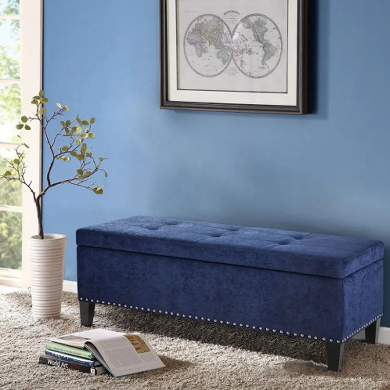 Modern Storage Bench with Button Tufting, Ample Storage Space, Elegant Blue Soft Fabric, and Stylish Black Noir Legs