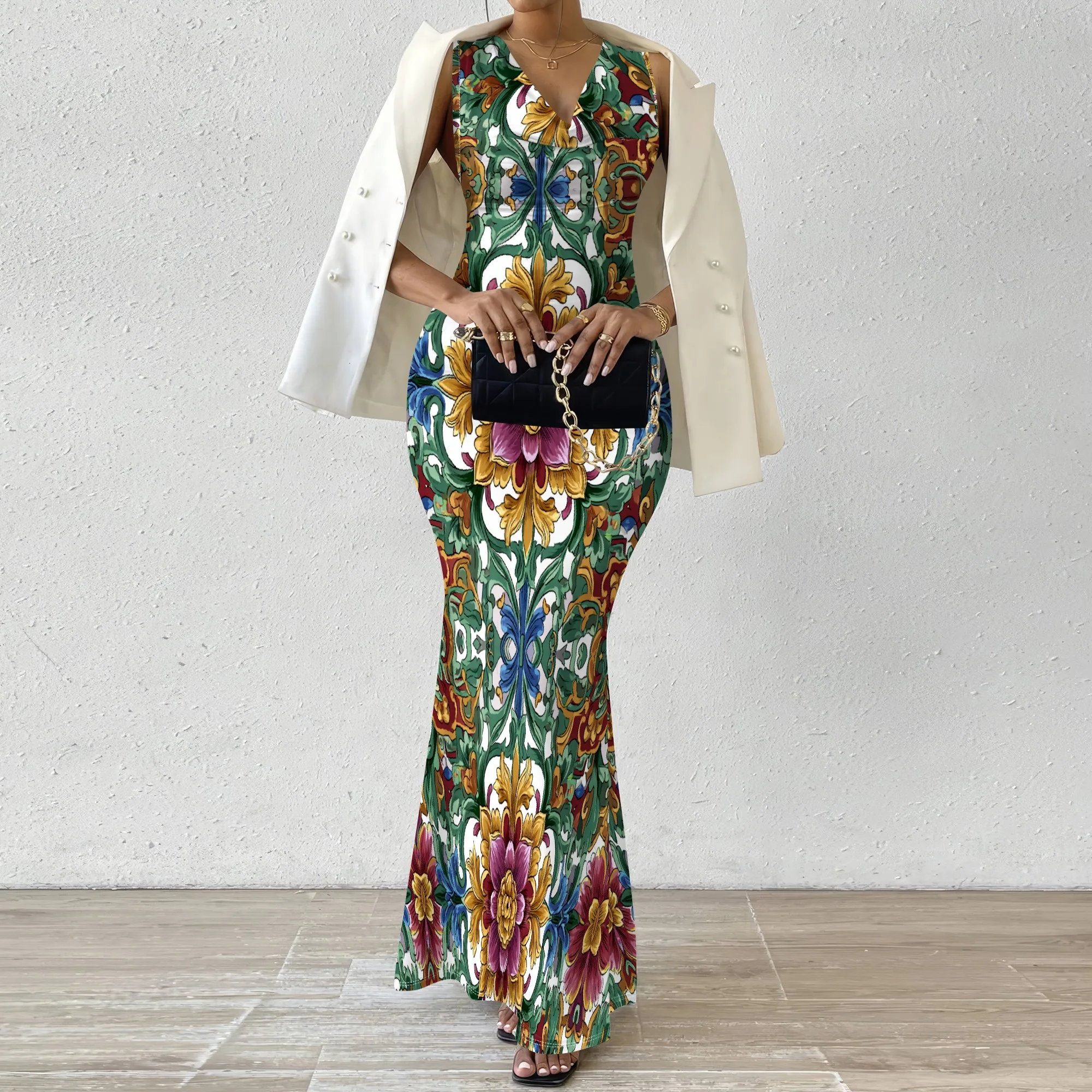 Elegant Floral Print Maxi Dress XS-2XL Perfect for Autumn Winter Parties, Weddings, and Evening Outfits
