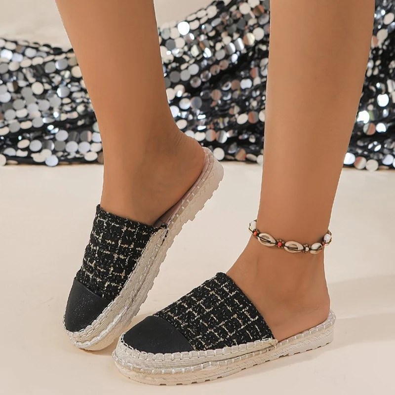 New Women's Mules Comfortable Flats Slip-on Beach Casual Shoes Fashion Plaid Tweed Woven Fabric Espadrilles Closed-toe Slippers