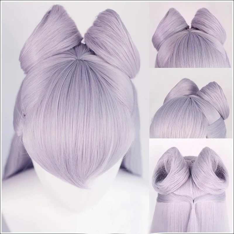 Game KDA Baddest Evelynn Cosplay Wigs LOL KDA Cosplay Long Purple Wigs with Buns Heat Resistant Synthetic Hair   Wig Cap