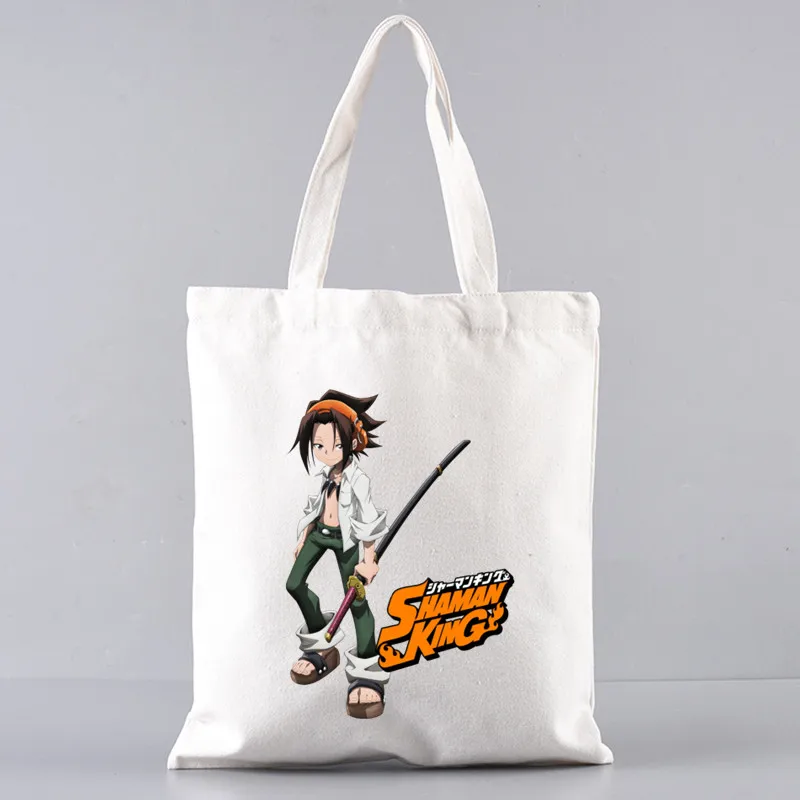 Bolsa de la compra de Anime japonés Shaman King, Yoh, Asakura, amidaru, estampado, diseño Original, blanco, Unisex, bolsas de lona de viaje de moda