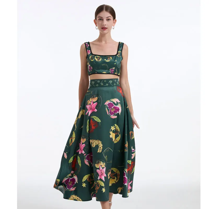 

New Summer Women Vintage Print Flower 2 Piece Set Beading Crop Tops Sleeveless Spaghetti Strap+Party Boho Long Skirts Sets