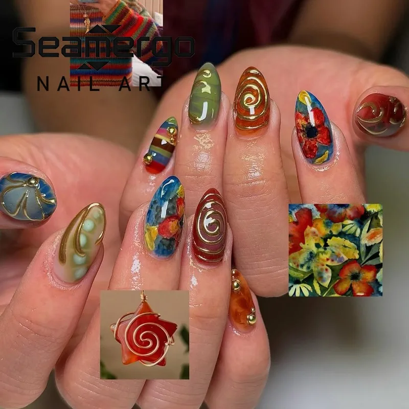 

24PCS Smudging Oil Painting Almond Press on Nails Golden Swirl Patterns French Fake Nails for Women Colorful Flowers False Nails