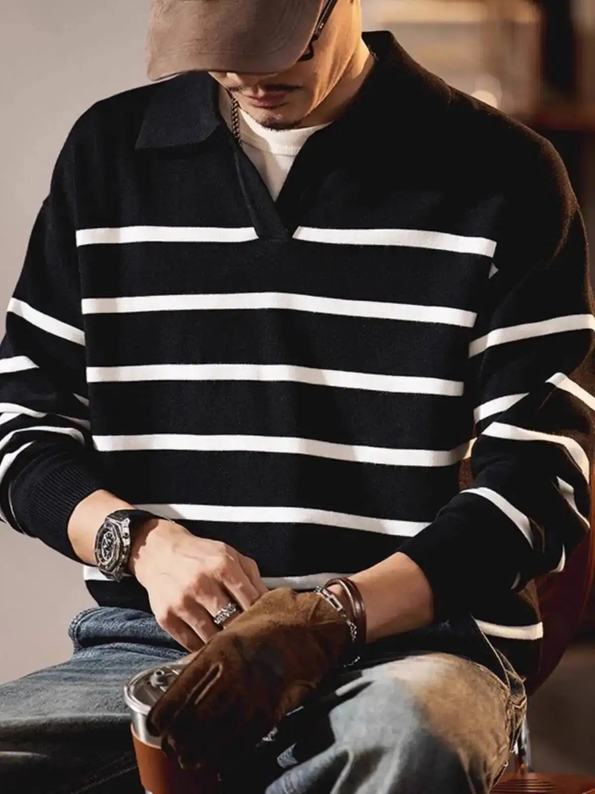 Men's Striped Sweater Retro Classic Striped Long Sleeve Sweater Autumn Winter New Fashion Knitwear Basic