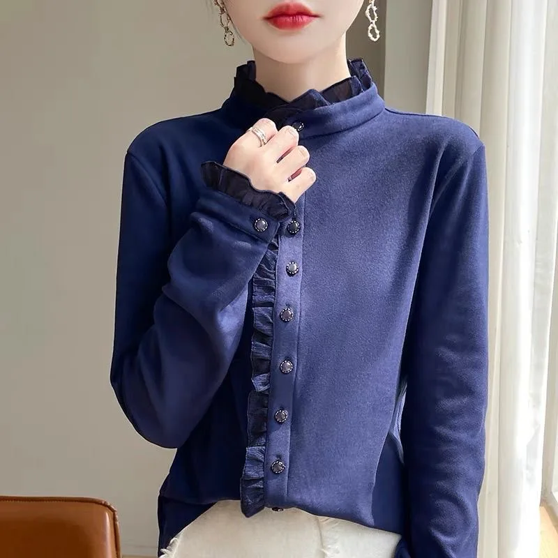 Fall 2026 Luxury Feel Ladylike Shirt Women's Thickened Velvet Base Layer Top with Lace Collar German Velvet Long Sleeve Shirt